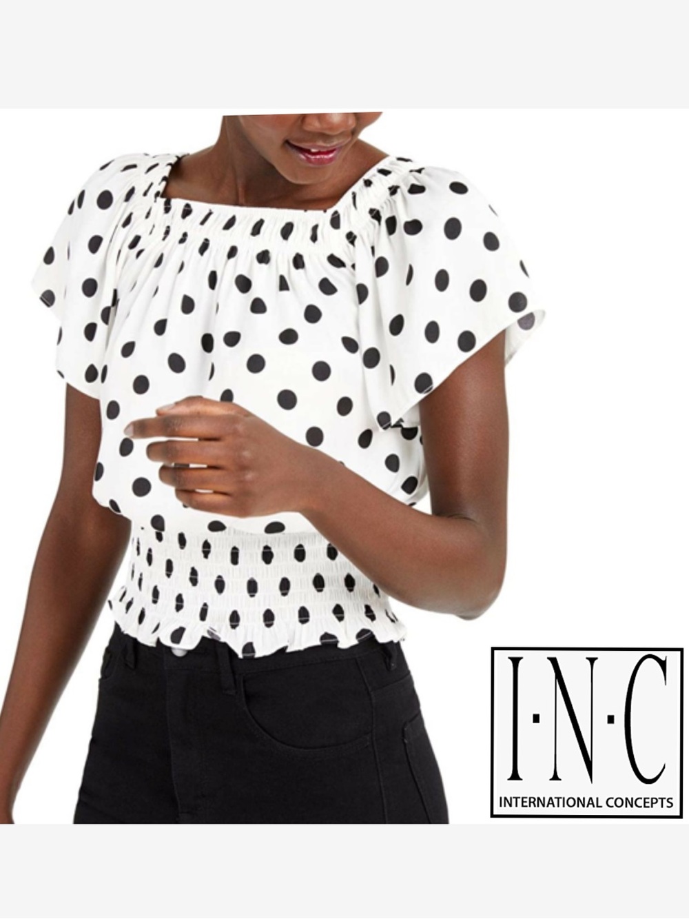 INC International Concepts White Polka Dot Smocked Peplum Top
